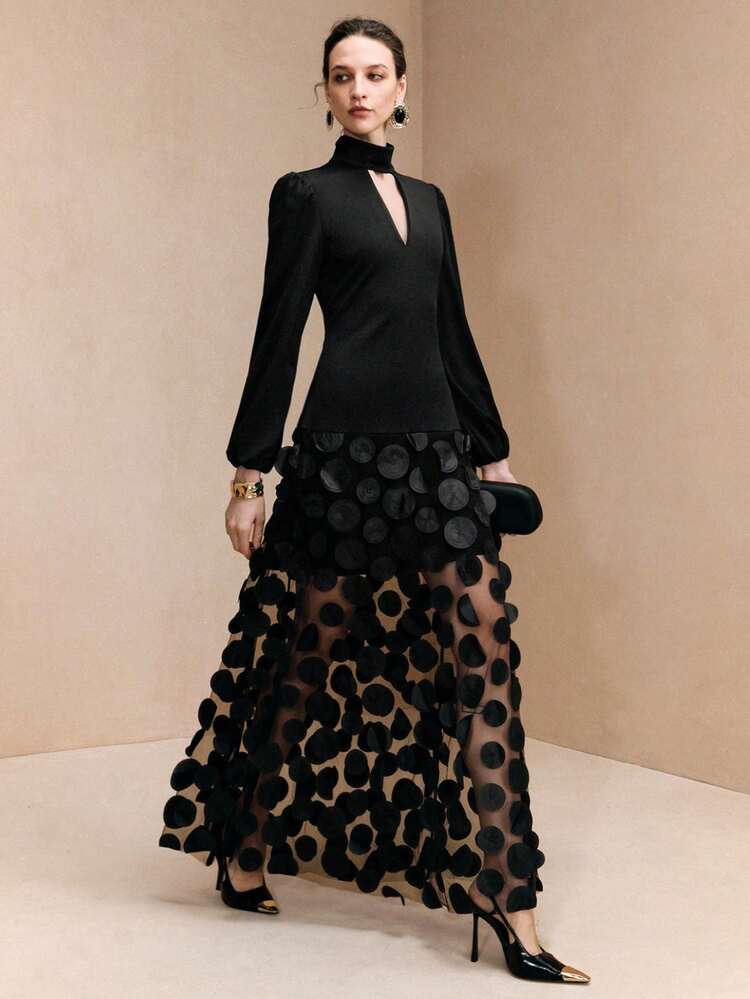 Arave Vestido de mujer con encaje floral circular, hombros caídos y cintura ceñida, elegante. - Negro - Añade 1