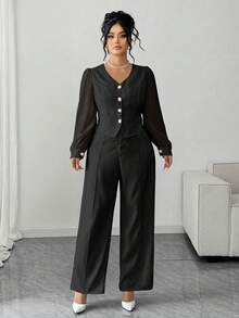 Elenzga Bộ đồ 2 mảnh thanh lịch dành cho nữ cỡ lớn, màu trơn, cổ chữ V, chất liệu chiffon, tay dài, phối họa tiết, có túi giả và quần ống rộng. - màu đen - Xem 6