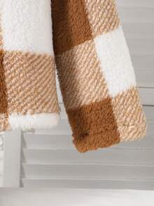 Girls Fuzzy Plaid Symmetrical Pattern Hooded Casual Versatile Jacket, Suitable For Daily Wear - Orange - View 3