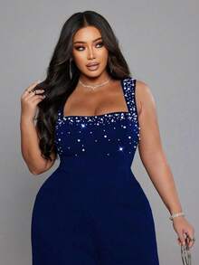 NU&NOW Plus Size Elegant & Sexy Party Bodysuit, Fitted With Decorative Pearls, Slimming - Royal Blue - View 6