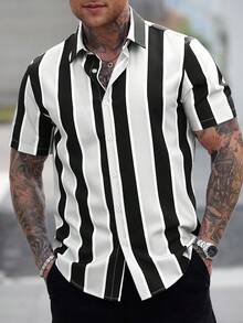 Manfinity Homme Áo sơ mi nam tay ngắn kẻ sọc cài một hàng khuy, áo sơ mi nam công sở/thường ngày, áo sơ mi nam đi nghỉ mát, áo sơ mi nam kẻ sọc cài nút, áo sơ mi nam đen trắng, áo sơ mi nam đen trắng kẻ sọc, áo sơ mi tay ngắn kẻ sọc, áo sơ mi nam mùa hè, áo sơ mi nam đi nghỉ mát, trang phục câu lạc bộ nam, trang phục đen trắng, trang phục đi nghỉ mát cho nam giới, trang phục dành cho người giàu có, trang phục hàng ngày, du lịch, công sở, quà tặng bạn trai/chồng, quà kỷ niệm/sinh nhật, quà tặng tiệc tùng, kỳ nghỉ hè, lễ hội, năm mới, đám cưới, ngày lễ tình nhân. - Đen và trắng - Xem 3