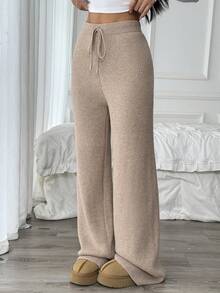 Xyvia Women's Loose Drawstring Sweatpants, Ribbed Knit Casual Home Pants With Thermal Lining, Autumn/Winter - Khaki - View 6