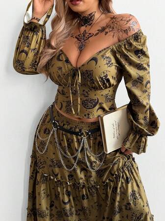 Whyspr 新款春夏秋季蝴蝶结优雅度假风印花泡泡袖V领上衣，搭配褶皱腰身和百褶蛋糕裙两件套长裙套装