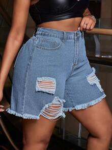 Slaydiva Plus Size Women Pockets Distressed Frayed Hem Fashionable Versatile Vacation Party Denim Shorts - Light Wash - View 4