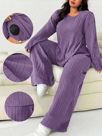 Solflare Plus Size Women Ribbed Crew Neck Long Sleeve T-Shirt And Wide Leg Pants Casual Outfit, Suitable For Daily, Commute And Vacation,Fall /Autumn/Winter/Summer,Christmas,New Year,Thanksgiving,Party,Wedding,Beach,Graduati,Chic,Elegant,Casual,Going Out,Date,Appointment,Commute,Sexy,