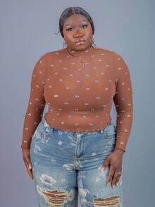 CurvyTilda Plus Size Women's Fall & Winter,Spring&Summer Elegant Gorgeous Glamorous Sexy Basic Handmade Rhinestone Decoration With Mesh Fabric See-Through Tights Top Sheer Rhinestone Top See Through Top Brown Rhinestone Top Bling Top,Fall/Winter,Banquet,Feast,Dinner Party,Prom,Ball,Urban,Sexy ,Elegant,Formal Event,Modest,Chic,Holiday,Date Night,Gathering,Birthday,Bachelorette Party Outfit ,Cocktail,Old Money, For Hourglass Body Shape - Brown - View 6