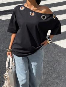 Muchica Women's Metal Grommet Design Loose Fit Batwing Sleeve T-Shirt For Going Out Outfits, Back To School, Streetwear, Grunge And Punk Chic, Y2K Clothes, Edgy Clothes Woman And Unique Clothes, Black Y2k Top, Asymmetrical Shoulder T Shirt - Black - View 7