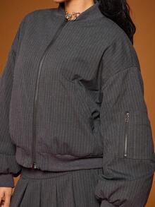 COUREZ 条纹超大款飞行员夹克 / Y2K 秋冬穿搭 女士冬季外出服 飞行员夹克 女式街头风 新年穿搭 - 黑色 - 查看 7