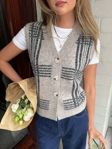 Siren Gaze Women's Casual V-Neck Plaid Single-Breasted Knitted Vest, French Casual Plaid Buttoned Vest Cardigan,Spring Outfit Women,Women Carnival Costume, Casual Women Outfits ,Everyday Shirt, Sweater Vest For Women, Cardigan Vest, Plaid Sweater Vest - Khaki - View 4