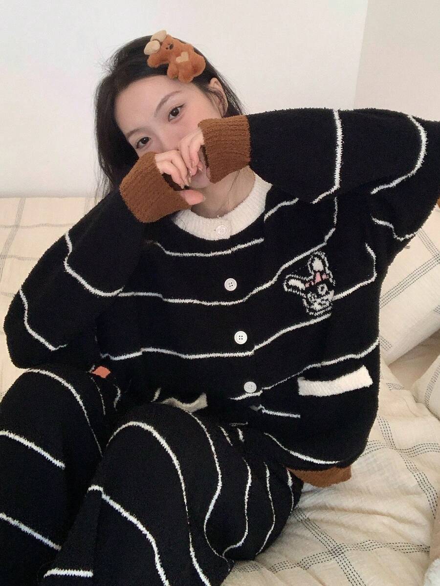 DAZY 2pcs Women Rabbit Striped Pattern Loose Long Sleeve Cardigan And Pants Pajama Set, Winter - Black - View 1