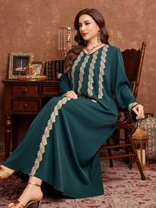 Al Najma Vestido largo y holgado con estampado floral de patchwork, elegante y casual, adecuado para primavera y otoño, tallas grandes para mujeres - Verde - Ver 7