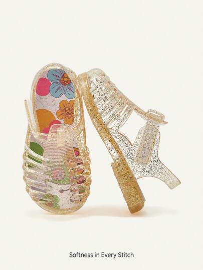 Cozy Pixies 1 Pair Fashionable Versatile Cute Princess Pink Transparent Gold Soft Comfortable Beach Crystal Colorful Floral Pastoral Flat Sandals