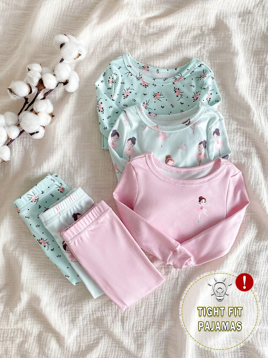 SHEIN Vintaside Kids 6pcs/Set Baby Girls' Snug Fit Pajama Sets,Pink And Blue,Autumn,Cute,Lounge Floral Print Long Sleeve 3 Sets Of Homewear Outfits Tight Fit Pajama,Soft - Multicolor - View 1