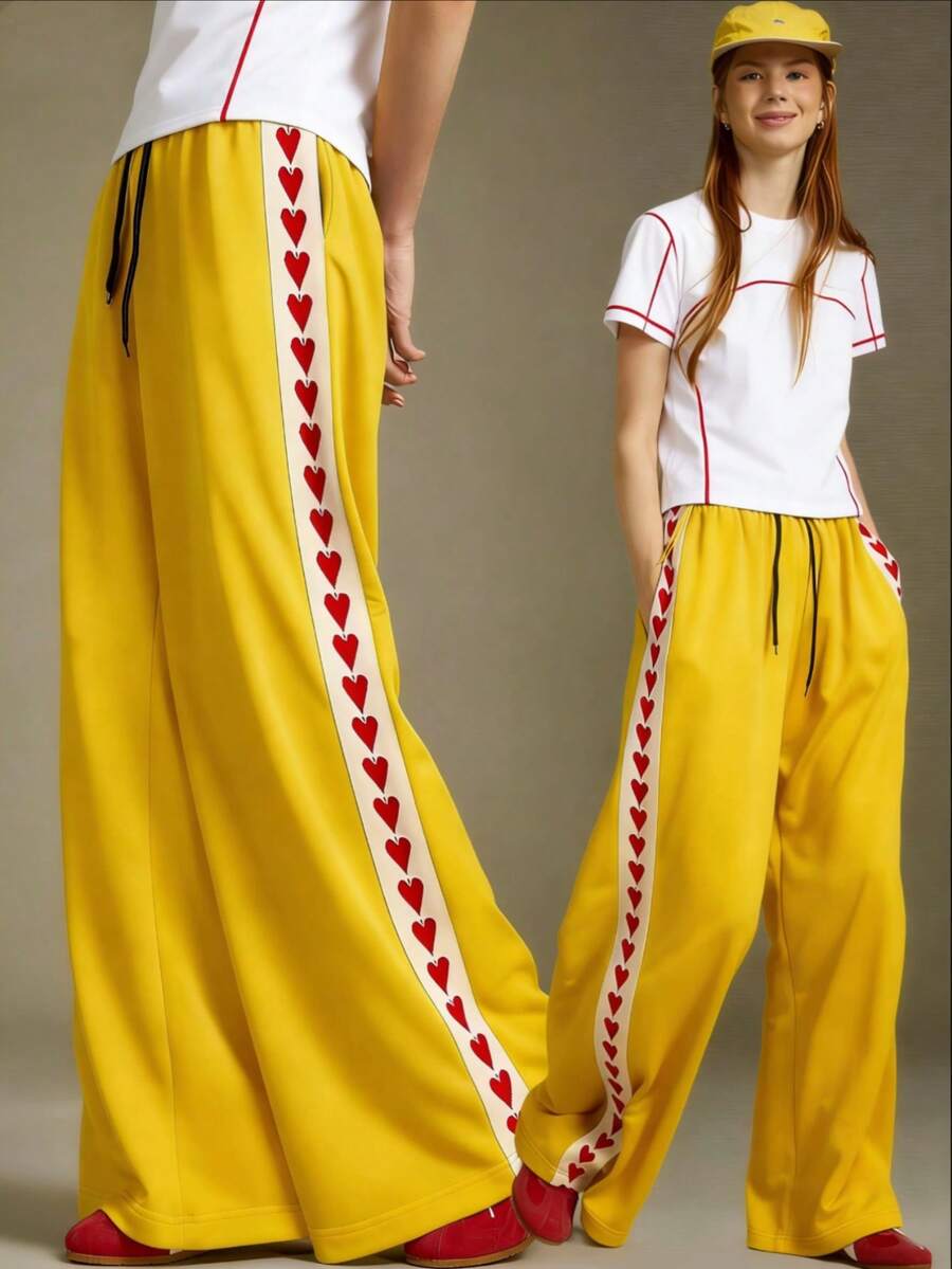 Elnivra Glissea 新款复古美式风格弹力腰阔腿裤，高腰宽松百搭运动裤，带爱心针织抽绳 - 黃色 - 查看 1