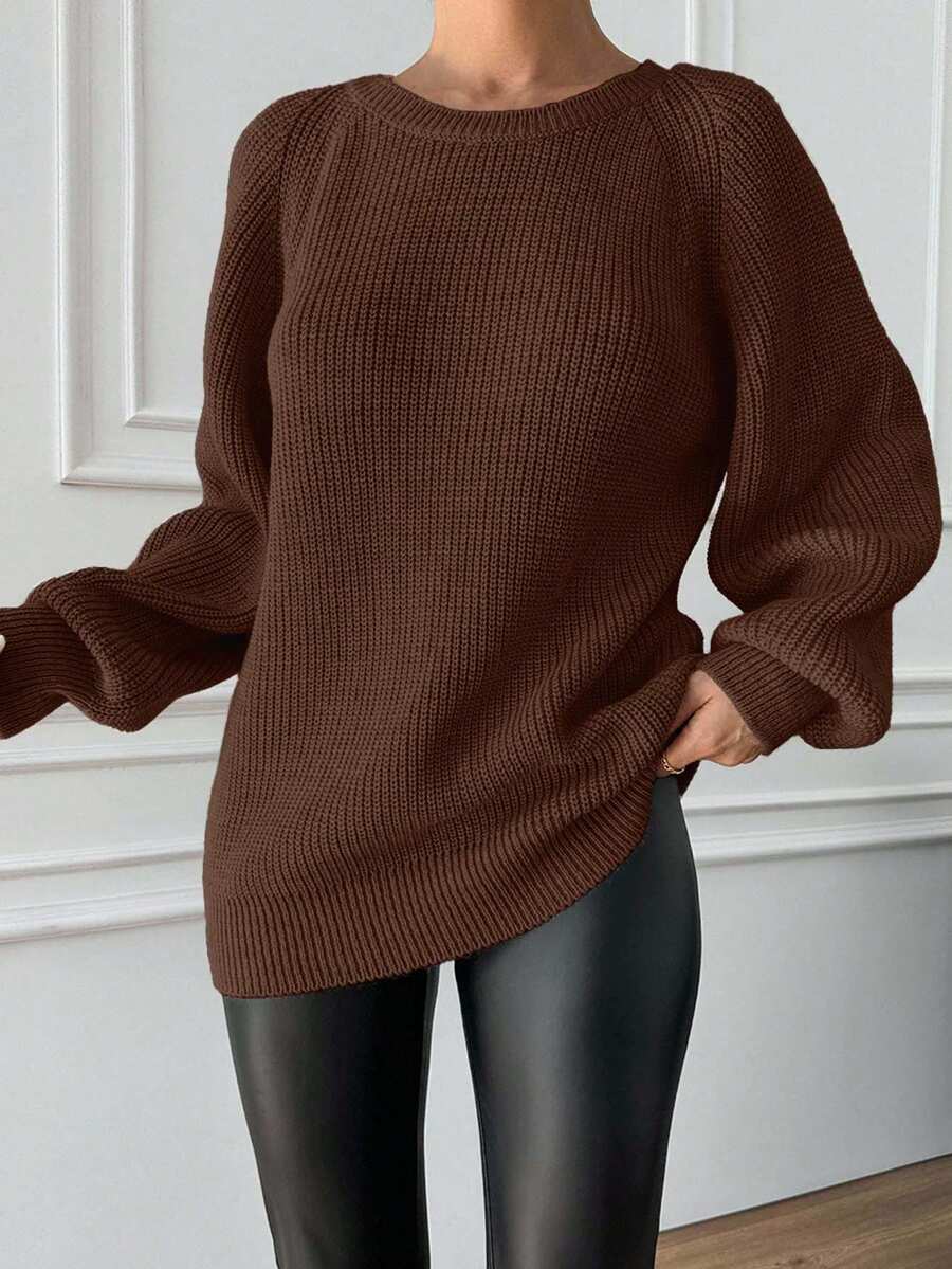 EURMUSE Women's Casual Everyday Commute Simple Solid Color Raglan Sleeve Pullover Sweater, Autumn/Winter - Brown - View 1
