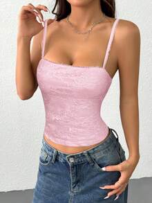 SHEIN EZwear 女士粉色蕾丝边吊带背心，情人节女士吊带背心 - 粉色 - 查看 4
