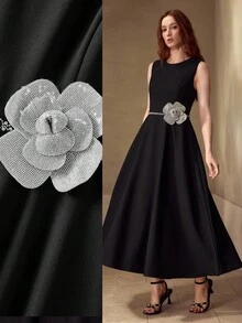 MOTF PREMIUM RHINESTONE FLORAL DECOR SLEEVELESS DRESS - Black - View 7