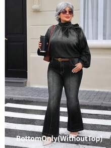 EMERY ROSE Plus Size Women's Fashion Bow Denim Blouse - Dark Grey - View 5