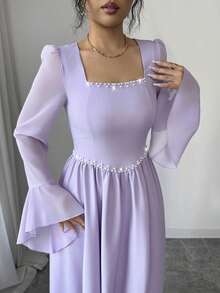 SHEIN Elenzya 女士薰衣草色新款方领珍珠装饰A字腰喇叭袖甜美浪漫优雅约会派对正式长裙 - 淡紫色 - 查看 2