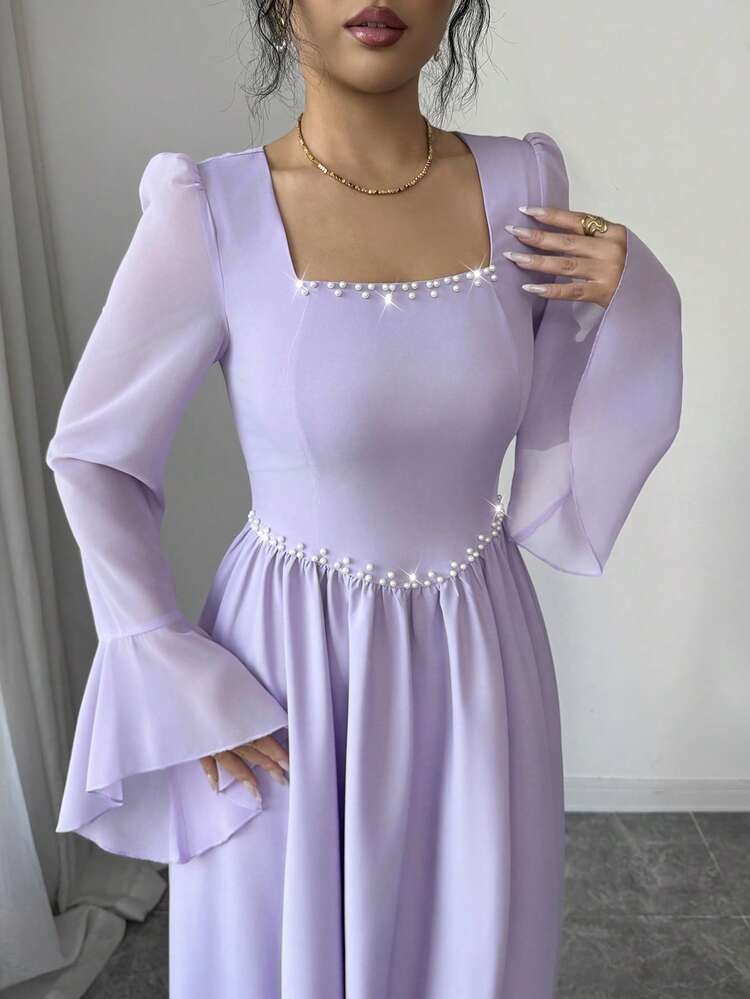 SHEIN Elenzya فستان طويل أنيق للمناسبات الرسمية والحفلات، بتصميم رومانسي أنيق مع ياقة مربعة وزخرفة من اللؤلؤ، وأكمام جرس، وخصر على شكل خط A، باللون الأرجواني - ارجواني فاتح - مشاهدة 2