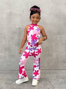 2pcs/Set Young Girl Casual Floral Print Halter Crop Top And Flare Pants Outfit
