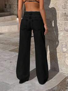 Casual Versatile Petite Belt Detailed Wide Leg Jeans For Women - Dark Grey - View 2