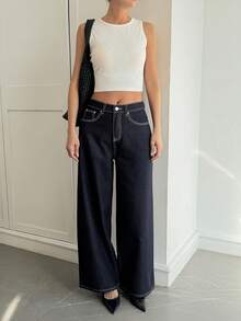 Livesso Quần jean denim dáng rộng thoải mái dành cho nữ, thích hợp cho mùa đông. - Rửa tối - Xem 3