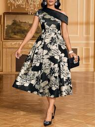 SHEIN Lady Women's Elegant Party Asymmetric Neck Floral Print Mid-Length Dress Elegant Floral Midi Dress Off Shoulder Floral Dress Womens Elegant Dress