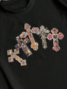 AXEPEAK Camiseta de verano de manga corta y cuello redondo para hombres con diseño de cruz versátil y de moda - Negro - Ver 2