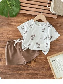 男婴休闲可爱卡通图案针织T恤和松紧腰短裤套装 - 棕色 - 查看 4