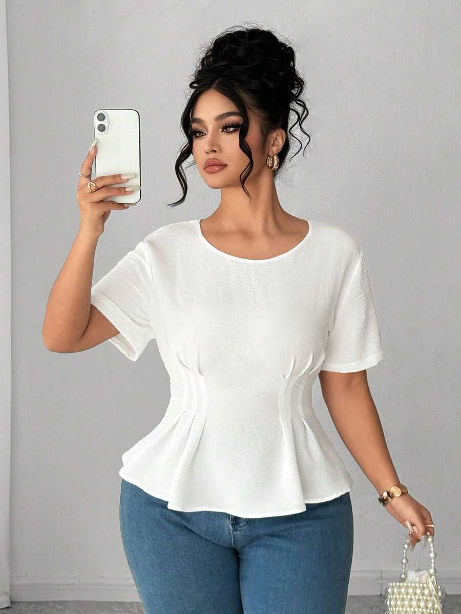 SHEIN Elenzya 大码女式纯色优雅腰部设计露背系带上衣，百搭 - 白色 - 查看 1