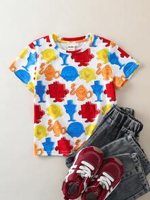 Mr Men Little Miss X SHEIN Young Girl Casual Daily Commute Fashionable Street Cute Cartoon All-Over Print Short Sleeve T-Shirt, Summer - Multicolor - View 1