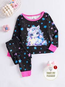 Mädchen Eng anliegendes Einhorn & Stern Leuchtdruck Langarm T-Shirt und Leggings Pyjama Set - Schwarz - Übersicht 6