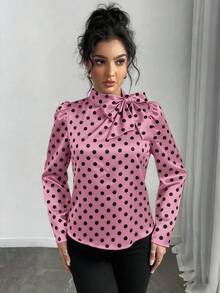 Rafferiza Áo cánh tay bồng cổ bẻ in họa tiết chấm bi thanh lịch dành cho nữ - Màu tím - Xem 5