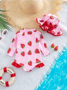 SHEIN 新生儿草莓雏菊印花插肩长袖连体泳衣 - 紅色 - 查看 4
