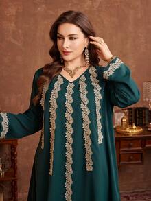 Al Najma Vestido largo y holgado con estampado floral de patchwork, elegante y casual, adecuado para primavera y otoño, tallas grandes para mujeres - Verde - Ver 6