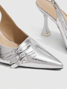 CUCCOO SZL Women's Fashion Sexy Commuter Silver Buckle Pointed Toe Pumps For Christmas - Silver - View 10