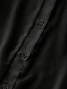 GlowEve CURVE 大码女士优雅翻领长袖休闲百搭开襟黑色雪纺衬衫，春夏款 - 黑色 - 查看 5