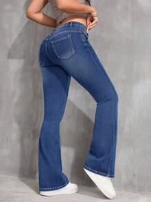 Flirla Plus Size Women Retro Casual Elastic Fitted Flare Jeans, Versatile Cowgirl Rodeo Everyday Navy Blue Winter - Medium Wash - View 2
