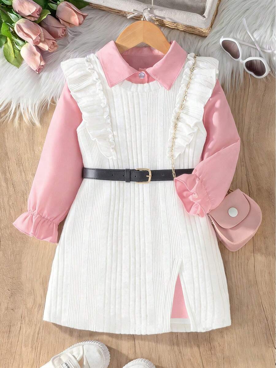 2pcs/Set Young Girls Pink Long Sleeve Shirt Dress & White Ribbed Camisole Dress, Adorable Ruffle Design, Convenient Side Slit - Pink - View 1