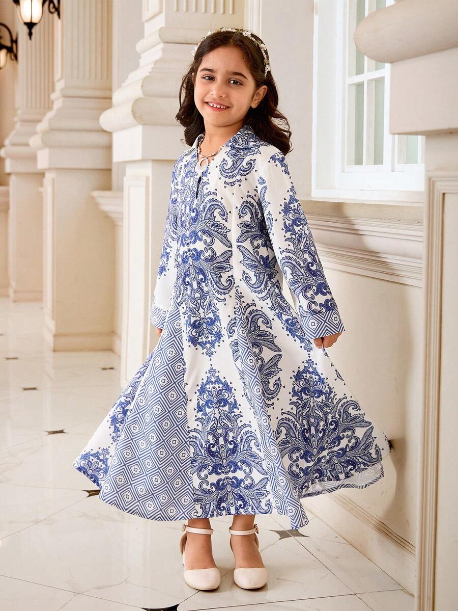 1件女童复古碎花印花翻领V领长袖连衣裙，休闲收腰波西米亚风长裙 - 藍色 - 查看 1