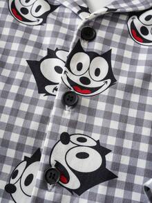 SHEIN Felix The Cat Baby Boy Plaid & Cartoon Print Button-Front Long Sleeve Top And Pants Pajama Set - Black and White - View 4