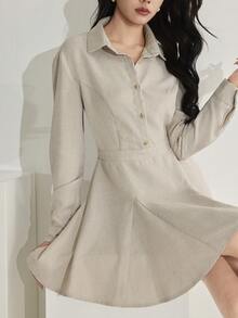 Heiryn Damen Hemdkleid mit Umlegekragen, Einreiher, modisch, für Urlaub und Party, Langarm - Aprikosenfarben - Übersicht 5