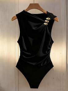 Franclia Asymmetrical Neckline Metal Buckle Decor, Ruched Waist Fitted Bodysuit