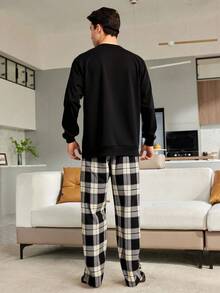 Conjunto de pijama para hombre, cómodo descanso, ropa de noche, manga larga, bolsillo de algodón, pantalones a cuadros - Negro - Ver 4