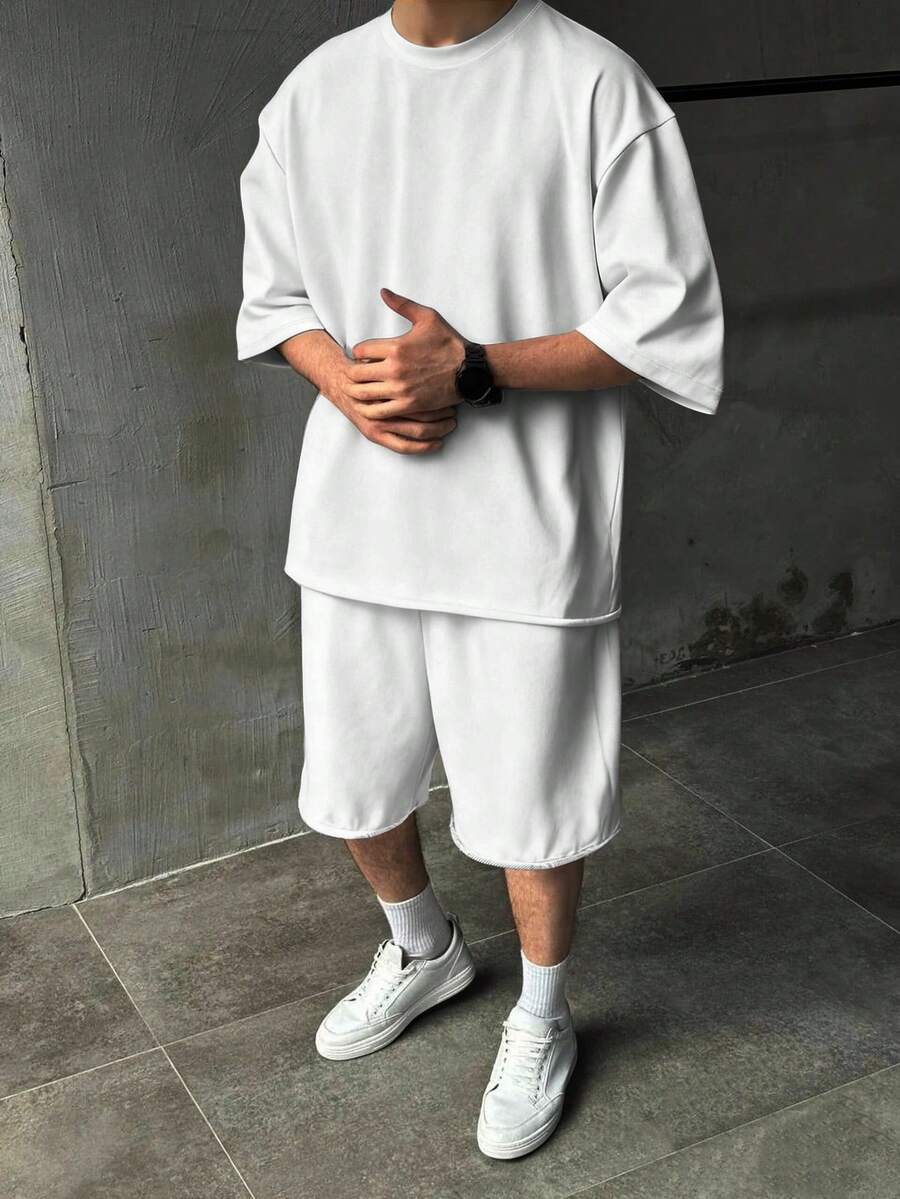 Manfinity Homme Men's Grey Cuffed T-Shirt And Shorts Casual Loose Suit - White - View 1