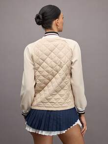 Activina Women's Contrast Color Raglan Sleeve Zip-Up Stand Collar Warm Winter Sports Padded Coat - Khaki - View 3