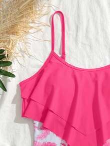 SHEIN Teen Girl Ruched Ruffled Trim Minimalist Comfortable One-Piece Swimsuit - Pink - View 4