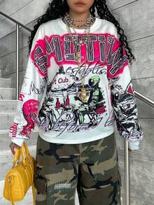 Rovax Sweatshirt Wanita Lengan Panjang Kerah Bulat Longgar dengan Motif Grafiti dan Bahu Jatuh - MultiWarna - View 3