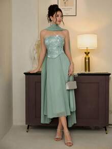 Poshira 女士花卉亮片缎带设计优雅正式礼服 - 綠色 - 查看 5